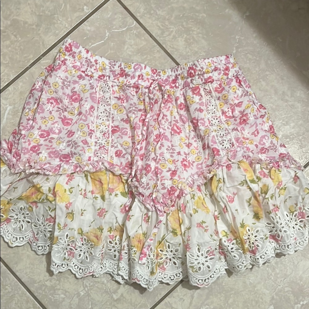 LoveShackFancy Pink and Yellow Floral Mini Skirt